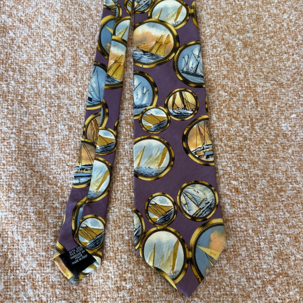 Hugo Boss Mens Silk Tie Purple Nautical Sailboat Porthole Made in Italy